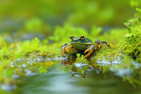 A green frog sits quietly on a moss-covered surface near still water, surrounded by lush greenery.の写真素材