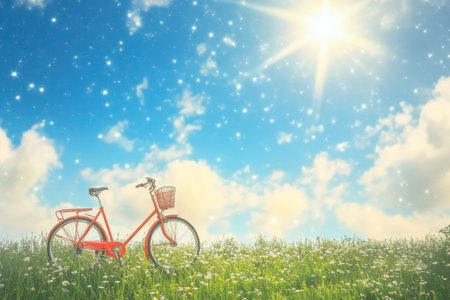 A vibrant red bicycle rests in a green field filled with flowers, illuminated by a shining sun and fluffy clouds.の写真素材
