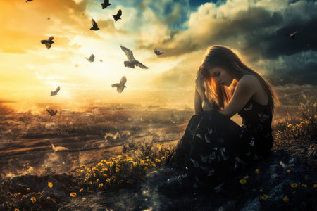 A woman in a dark dress sits thoughtfully on a hillside during sunset, with birds soaring around her.の写真素材