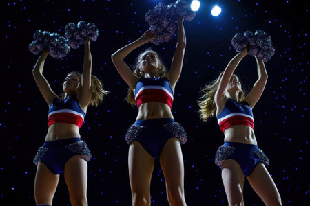 Three cheerleaders energize the crowd with coordinated movements and sparkling pom-poms during a nighttime event.の写真素材