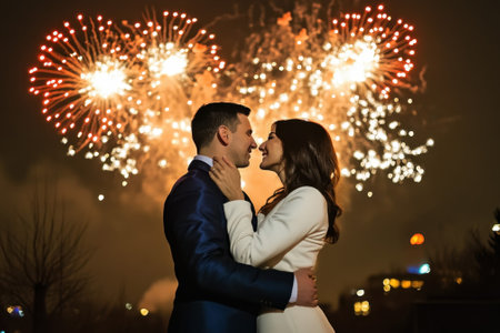 A joyful couple embraces with fireworks lighting up the night sky, capturing a moment of celebration and love.の写真素材