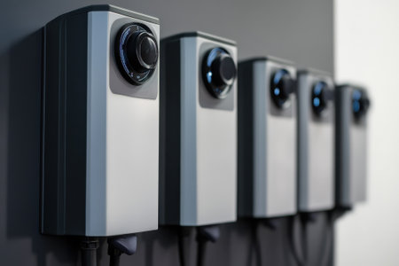 Several sleek electric vehicle charging stations are mounted on the wall, designed for efficient usage.の写真素材