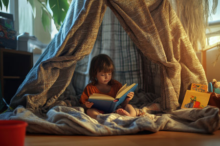 A young child sits inside a blanket fort, engrossed in a book, as soft afternoon light filters in.の写真素材