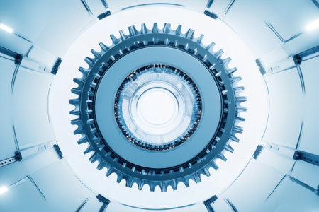 This visual features a detailed close-up of a large gear, showing intricate designs in a high-tech setting.の写真素材