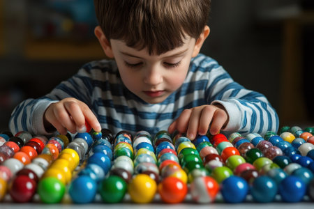 Young boy engages with a vibrant array of marbles, focusing intently on their colors and patterns.の写真素材