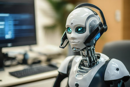 A humanoid robot with headphones interacts with a computer in a contemporary office environment.の素材