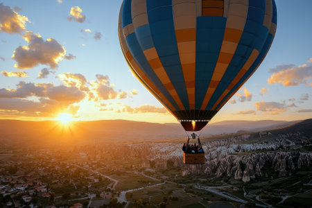 A vibrant hot air balloon ascends into the sky over Cappadocia as the sun rises, illuminating the unique terrain below.の写真素材
