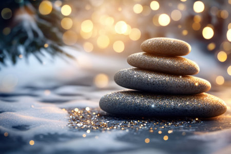 Stacked stones glisten softly under warm lights, surrounded by gentle snowfall and a tranquil atmosphere.の写真素材
