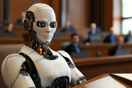 A humanoid robot sits at the front of a modern courtroom, overseeing proceedings with people in the background.の写真素材