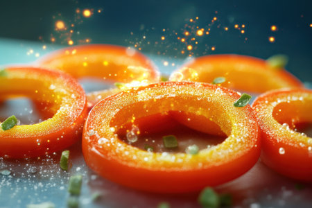 Vibrant orange rings on a surface, accented by sparkling effects and green herbs, create an appealing look.の写真素材