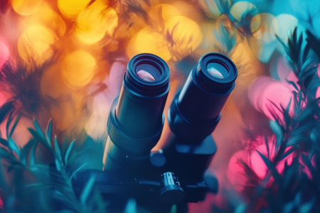 Binoculars are set among greenery, capturing the vibrant bokeh lights that illuminate the evening ambiance.の素材
