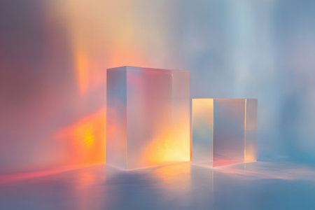Two transparent blocks catch colorful light reflections, producing a vibrant and abstract visual effect.の写真素材
