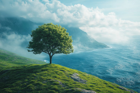 A solitary tree grows on a hillside, providing a stunning view of the ocean and distant mountains.の写真素材