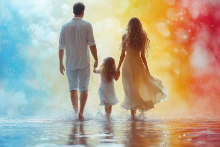 A family of three walks hand in hand through shallow water, enjoying a colorful sunset moment.の写真素材