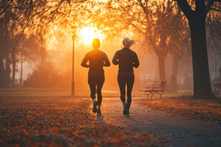 Friends jog together through a park during early morning, basking in the warm glow of sunrise.の写真素材