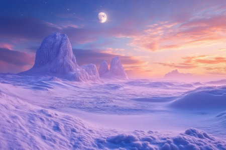 Frost-covered mountains rise above a pristine snowy plain illuminated by a radiant moon at dusk.の写真素材
