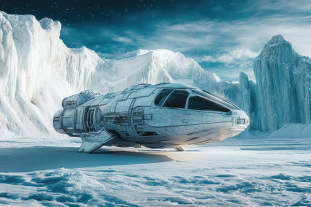 Futuristic spaceship rests on a cold, snowy surface surrounded by majestic ice formations and stars.の写真素材