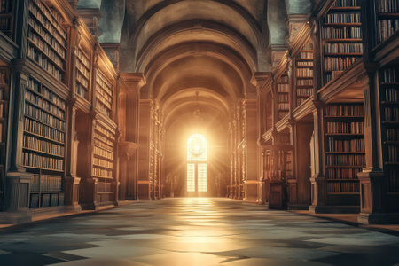 Long rows of bookshelves stretch through a grand library, lit by warm sunlight streaming through large windows.の写真素材