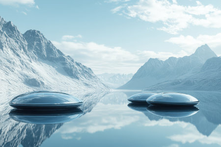 Sleek metallic objects float on a calm lake with snow-capped mountains in the background under a clear sky.の写真素材