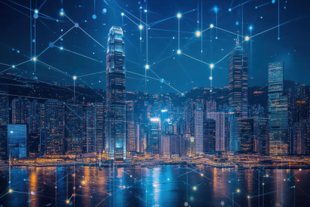A vibrant city skyline at night displaying high-rise buildings and a digital network overlay, symbolizing innovation.の写真素材