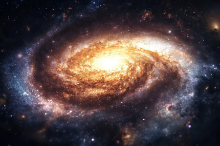 A stunning galaxy showcases a luminous core, surrounded by vibrant cosmic dust and twinkling stars in space.の写真素材