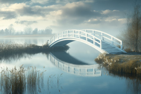 A graceful white bridge spans calm waters, surrounded by reeds and fog on a peaceful morning.の写真素材