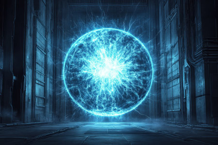 A vibrant electric sphere radiates light in a dark, futuristic corridor filled with metallic structures.の写真素材