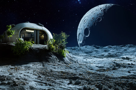 A unique habitat sits on the moon's surface, surrounded by lunar dust and rocks, with Earth visible in the background.の写真素材