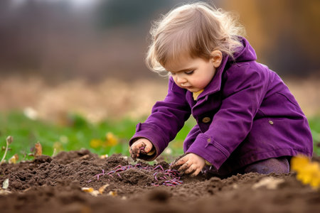Young child kneels in soil, digging and discovering colorful roots in a vibrant autumn garden.の写真素材
