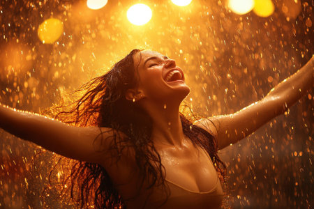 A woman dances in the rain, her arms wide open, celebrating the moment as water droplets shimmer in golden light.の写真素材