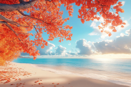 Bright orange leaves frame a peaceful shoreline under a colorful sky at sunset, creating a serene atmosphere.の写真素材