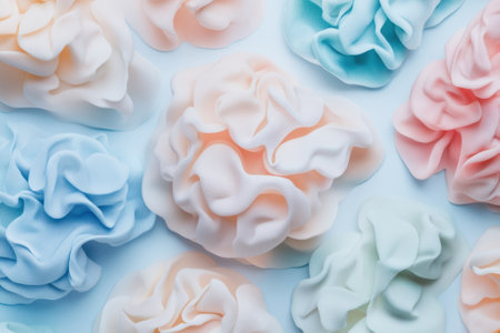 Various pastel-colored shower loofahs are beautifully arranged, showing soft textures and colors.の写真素材