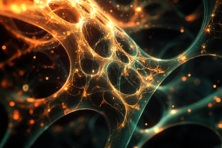 Fractal patterns reveal a mesmerizing display of orange and teal lights against a dark backdrop, creating depth.の写真素材