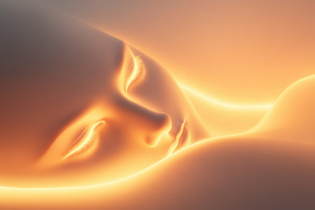 A serene figure lies in gentle repose, illuminated by a soothing warm light that enhances tranquility.の写真素材