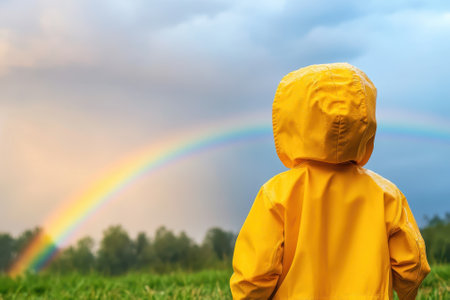A young child wearing a bright yellow raincoat gazes at a stunning rainbow in the countryside after rain.の写真素材