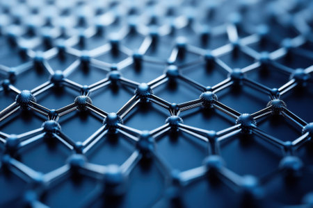 Close-up perspective of a graphene lattice reveals hexagonal patterns and metallic nodes under bright lighting.の写真素材