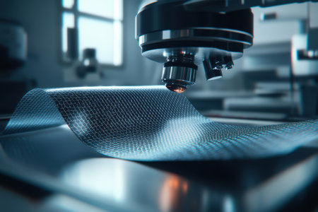 A microscope examines a synthetic sheet material under strong illumination in a lab environment.の写真素材
