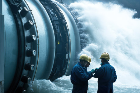 Two engineers examine equipment while strong water currents flow nearby in a hydroelectric facility.の写真素材