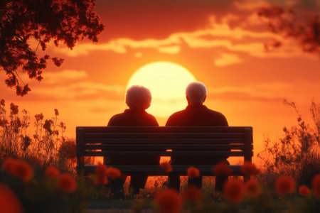 Two seniors sit side by side on a bench, watching a vibrant sunset in a colorful park setting.の写真素材