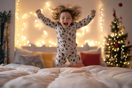 A joyful child wearing pajamas jumps on a bed while festive lights and a decorated Christmas tree shine brightly.の写真素材