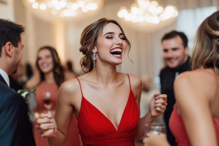 Guests dressed in formal attire gather and celebrate, sharing laughter and drinks at an upscale venue.の写真素材