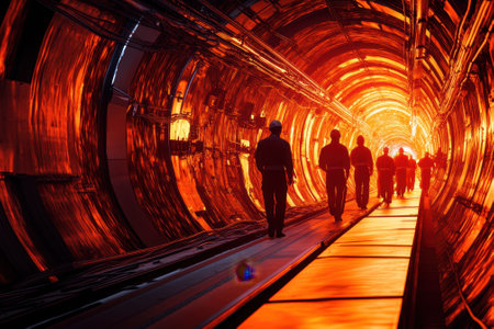A group of workers traverses a glowing tunnel inside a scientific facility during the evening.の写真素材