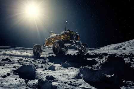 A lunar rover navigates the moon's rugged terrain in a celestial setting lit by the sun.の写真素材