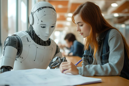 A young woman and a humanoid robot engage in an educational task at a workspace, sharing ideas.の写真素材