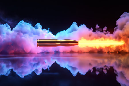 A bullet is seen soaring through vibrant smoke, creating a dramatic visual effect in a dimly lit environment.の写真素材