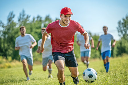 A group of young men enjoy a spirited soccer match on a sunny day in a grassy field.の写真素材