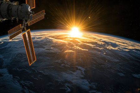 A stunning view of sunrise illuminating the Earth's atmosphere from a spacecraft in low Earth orbit.の写真素材