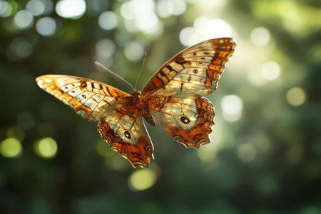 A beautiful butterfly flutters among vibrant greenery, showing its intricate patterns and colors.の写真素材