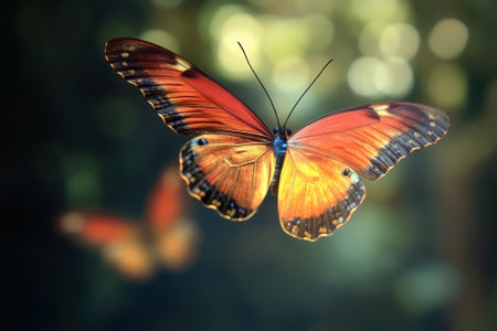 A vibrant butterfly with striking orange and black wings flits around a lush garden filled with colorful plants.の写真素材