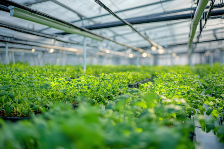 Lush green plants grow in neat rows inside a modern greenhouse illuminated by artificial lights.の素材